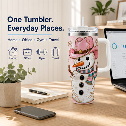 #pl[40oz|White] Pink Cowgirl Snowman 40oz Tumbler, Western Stainless Steel Travel Cup