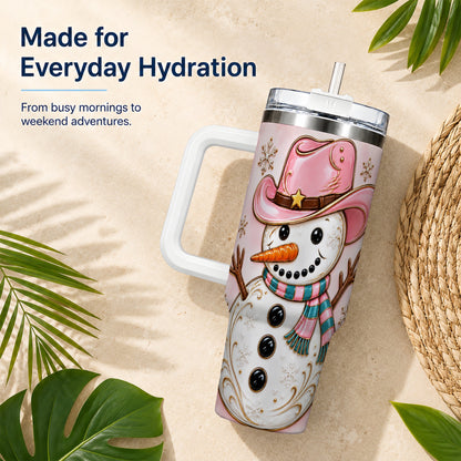#pl[40oz|White] Pink Cowgirl Snowman 40oz Tumbler, Western Stainless Steel Travel Cup