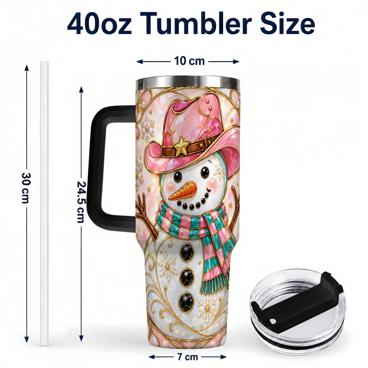 #pl[40oz|Black] Pink Snowman 40oz Tumbler, Winter Floral Stainless Steel Travel Cup
