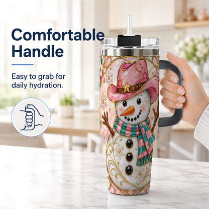 #pl[40oz|Black] Pink Snowman 40oz Tumbler, Winter Floral Stainless Steel Travel Cup