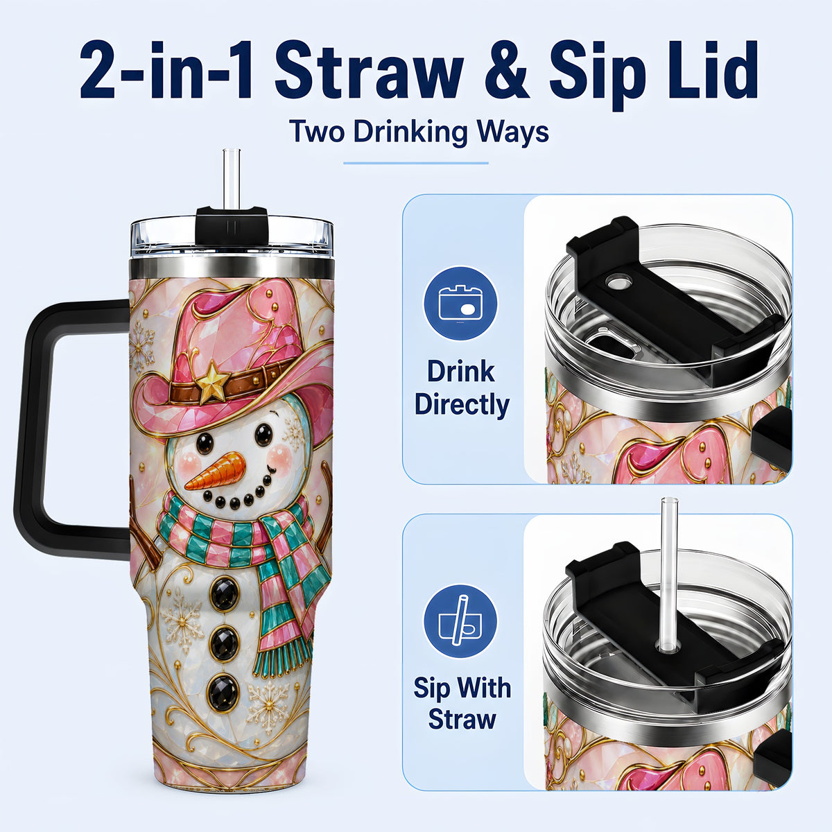 #pl[40oz|Black] Pink Snowman 40oz Tumbler, Winter Floral Stainless Steel Travel Cup