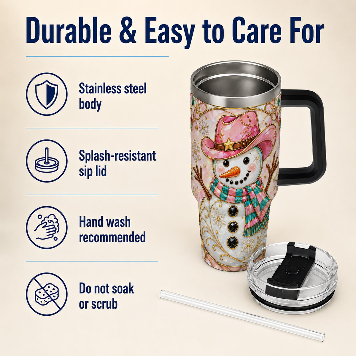 #pl[40oz|Black] Pink Snowman 40oz Tumbler, Winter Floral Stainless Steel Travel Cup
