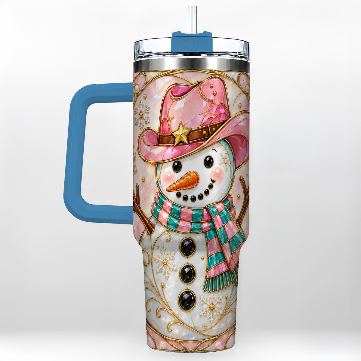 #pl[40oz|Blue] Pink Snowman 40oz Tumbler, Winter Floral Stainless Steel Travel Cup