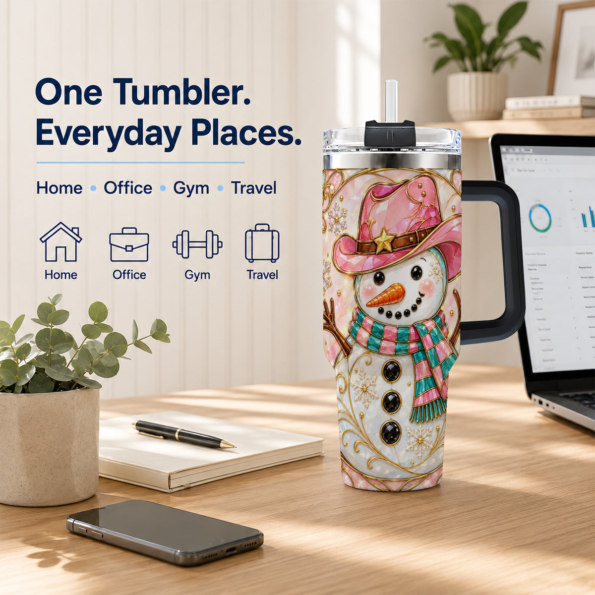 #pl[40oz|Black] Pink Snowman 40oz Tumbler, Winter Floral Stainless Steel Travel Cup