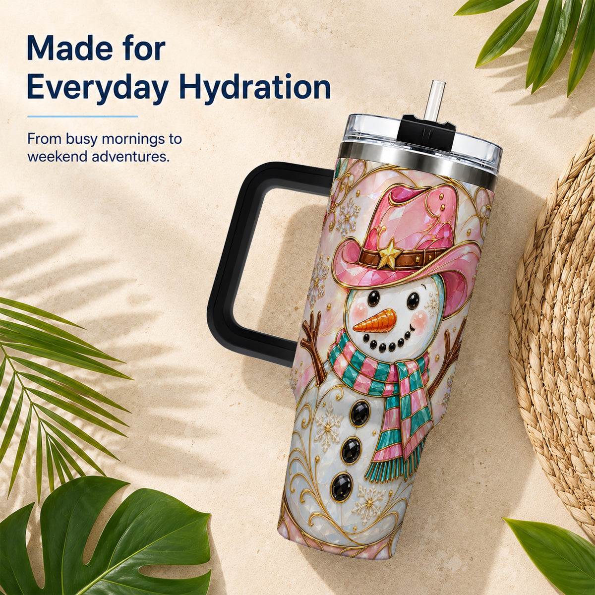 #pl[40oz|Black] Pink Snowman 40oz Tumbler, Winter Floral Stainless Steel Travel Cup