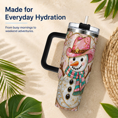 #pl[40oz|Black] Pink Snowman 40oz Tumbler, Winter Floral Stainless Steel Travel Cup