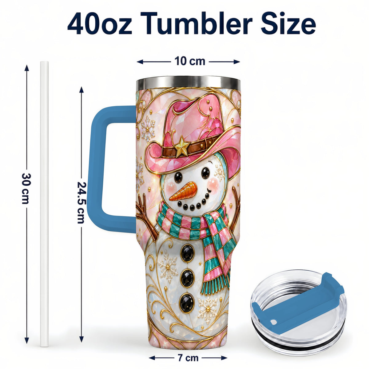 #pl[40oz|Blue] Pink Snowman 40oz Tumbler, Winter Floral Stainless Steel Travel Cup