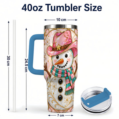 #pl[40oz|Blue] Pink Snowman 40oz Tumbler, Winter Floral Stainless Steel Travel Cup
