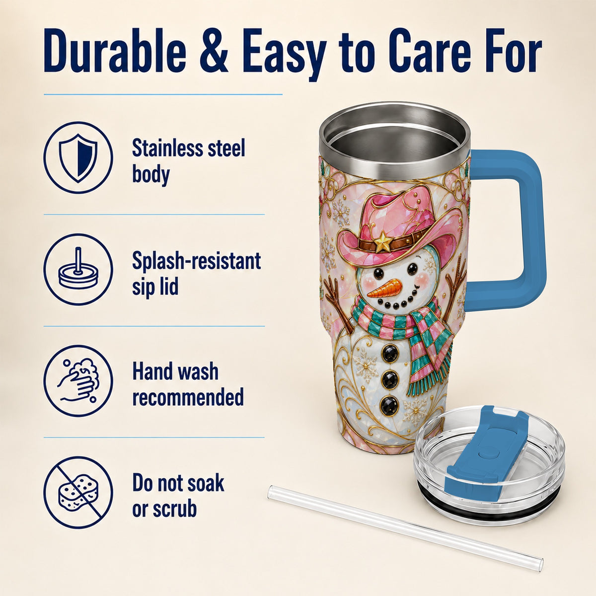 #pl[40oz|Blue] Pink Snowman 40oz Tumbler, Winter Floral Stainless Steel Travel Cup