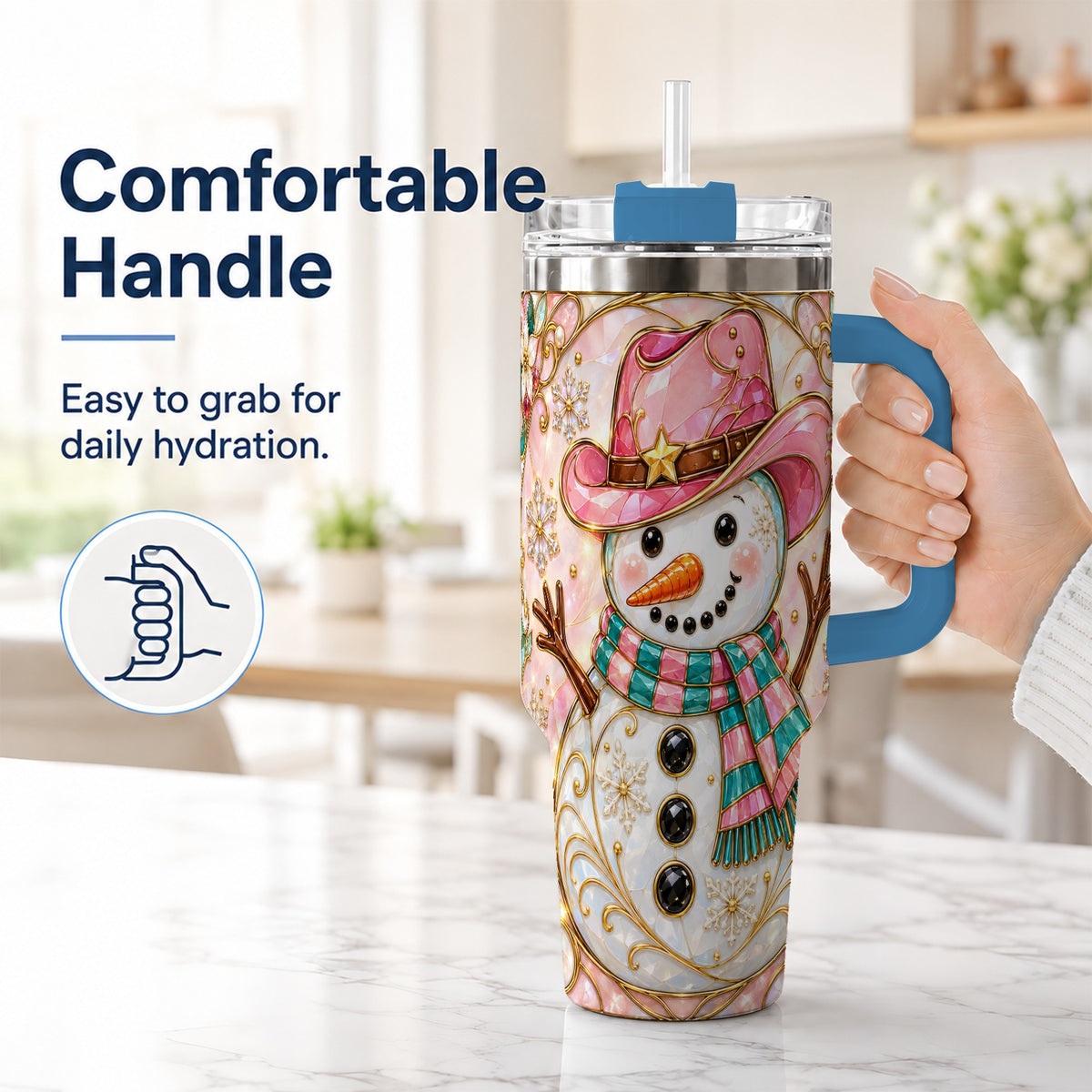 #pl[40oz|Blue] Pink Snowman 40oz Tumbler, Winter Floral Stainless Steel Travel Cup