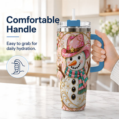#pl[40oz|Blue] Pink Snowman 40oz Tumbler, Winter Floral Stainless Steel Travel Cup