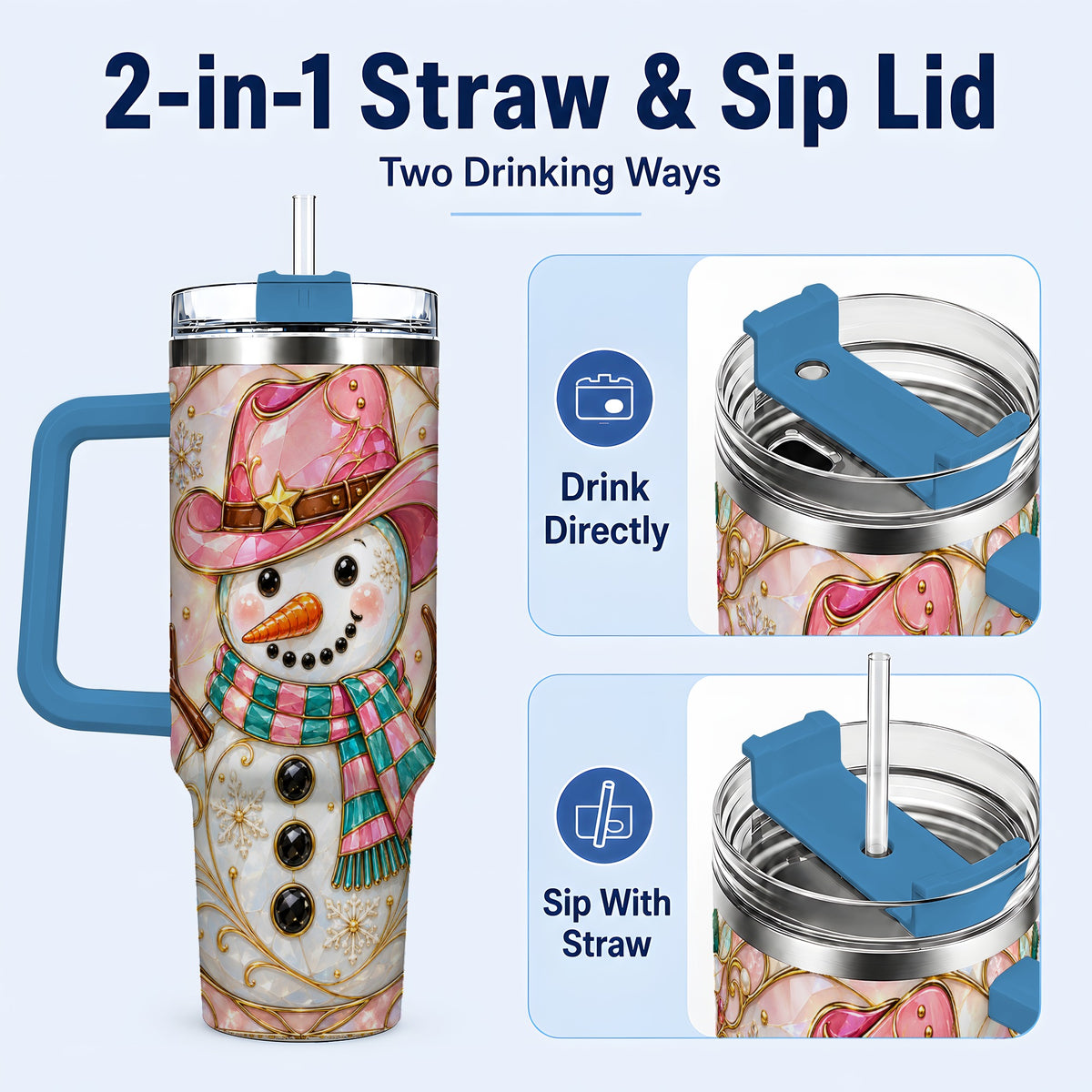 #pl[40oz|Blue] Pink Snowman 40oz Tumbler, Winter Floral Stainless Steel Travel Cup