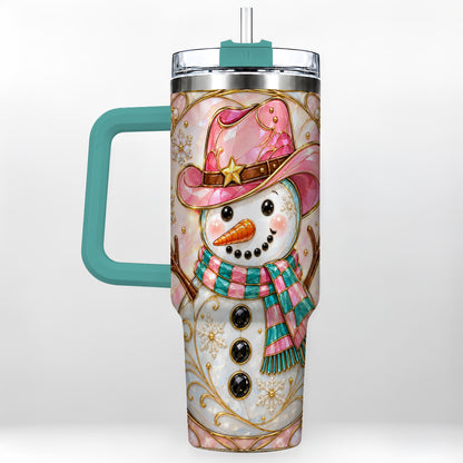 #pl[40oz|Green] Pink Snowman 40oz Tumbler, Winter Floral Stainless Steel Travel Cup
