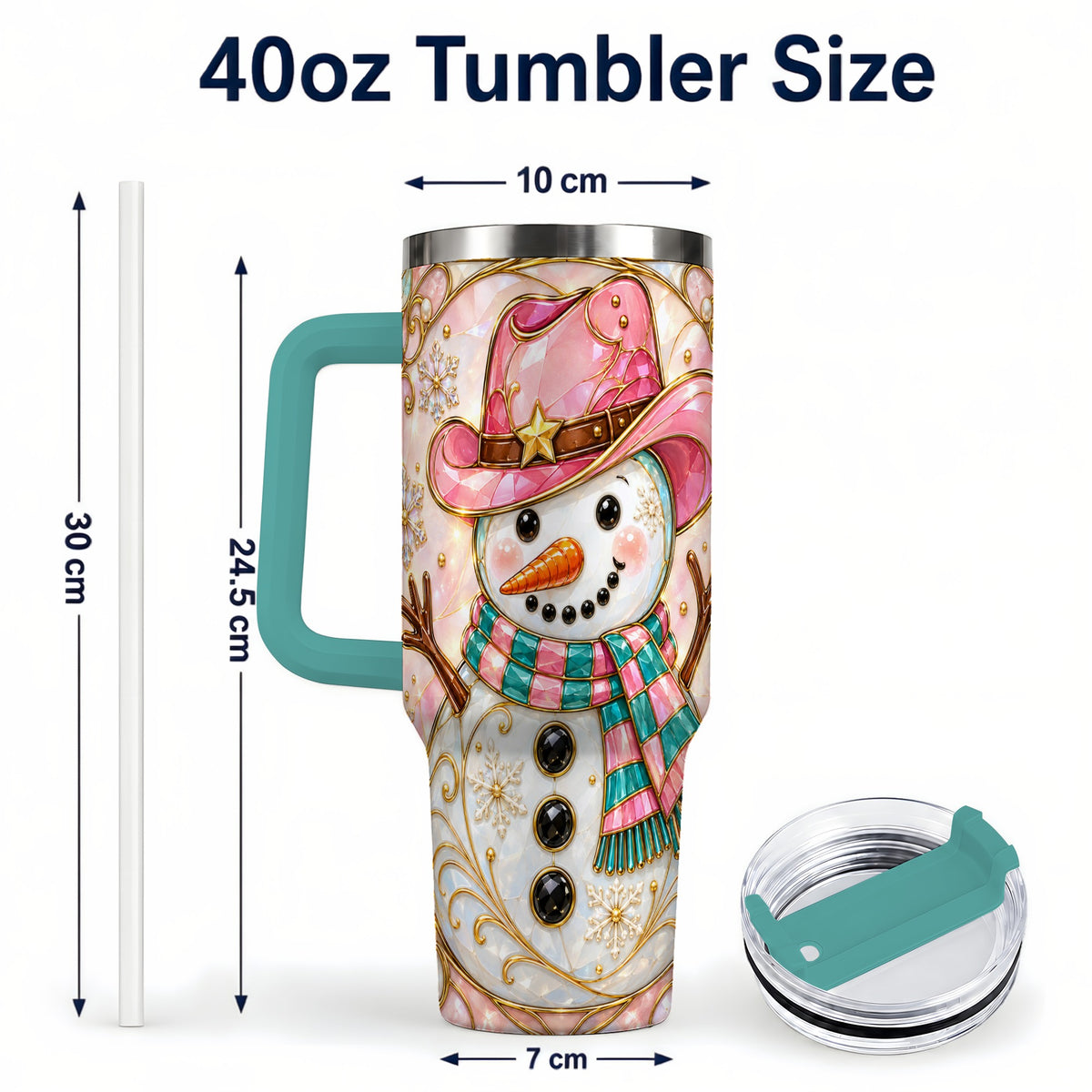 #pl[40oz|Green] Pink Snowman 40oz Tumbler, Winter Floral Stainless Steel Travel Cup