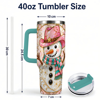 #pl[40oz|Green] Pink Snowman 40oz Tumbler, Winter Floral Stainless Steel Travel Cup
