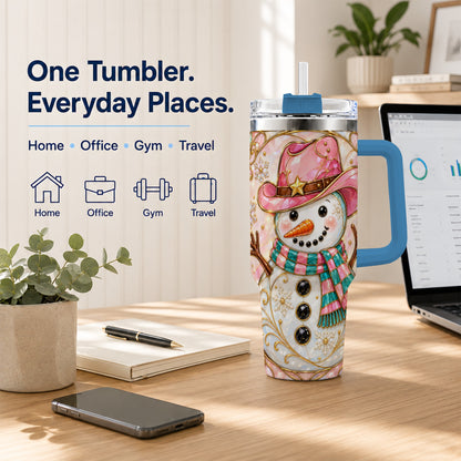 #pl[40oz|Blue] Pink Snowman 40oz Tumbler, Winter Floral Stainless Steel Travel Cup