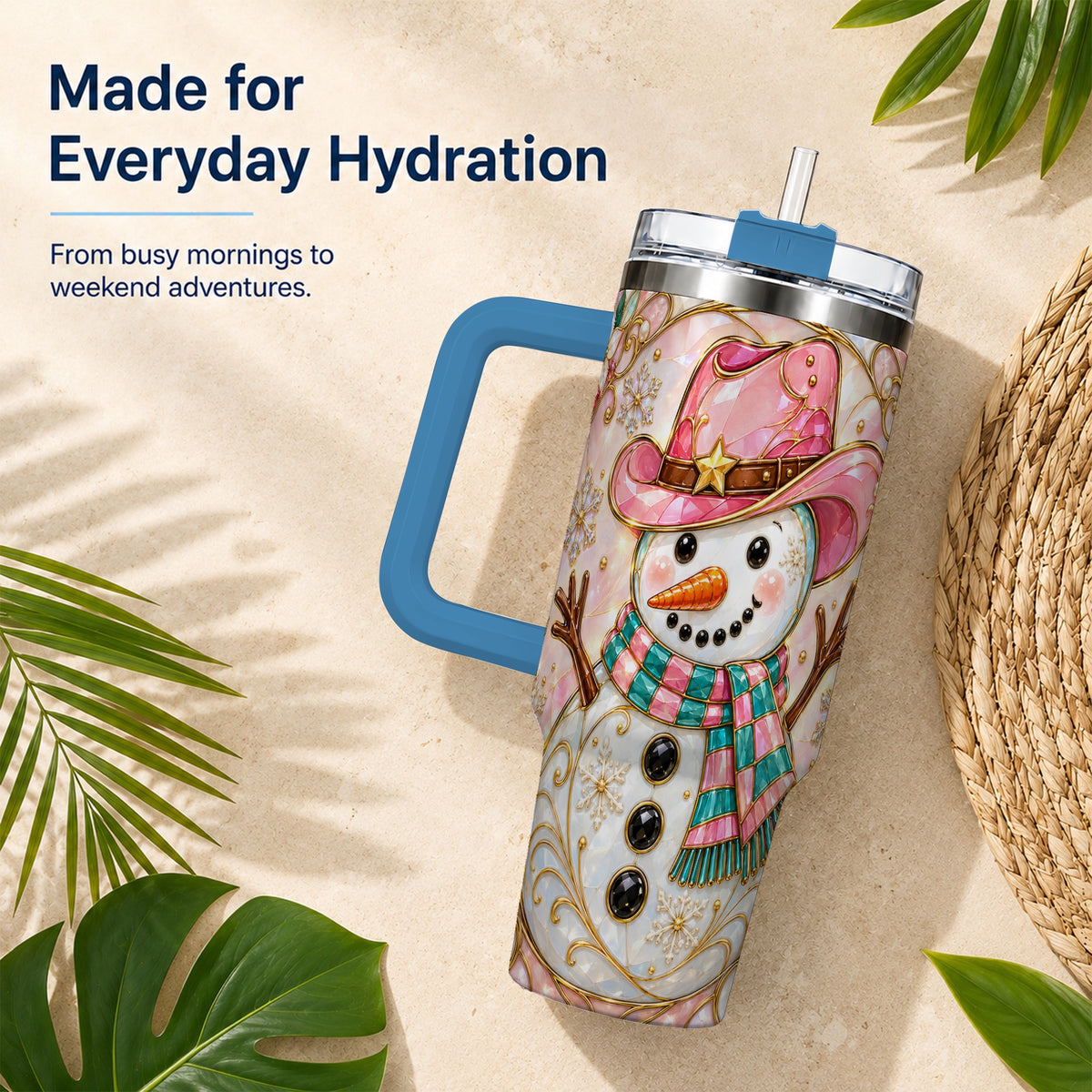 #pl[40oz|Blue] Pink Snowman 40oz Tumbler, Winter Floral Stainless Steel Travel Cup