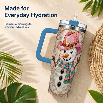 #pl[40oz|Blue] Pink Snowman 40oz Tumbler, Winter Floral Stainless Steel Travel Cup