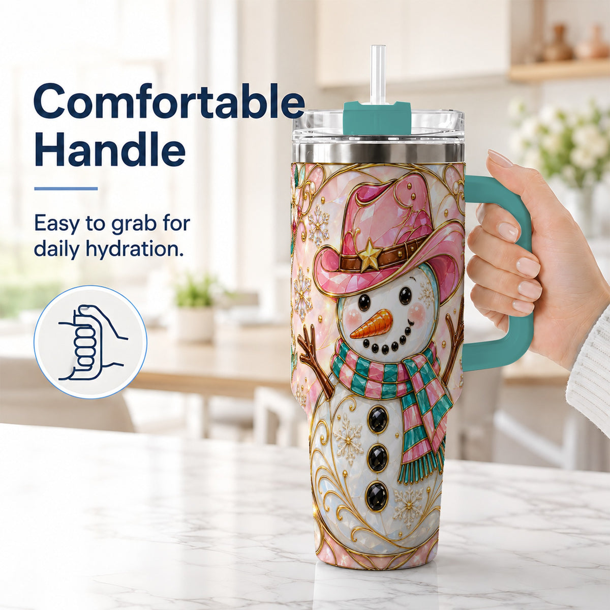 #pl[40oz|Green] Pink Snowman 40oz Tumbler, Winter Floral Stainless Steel Travel Cup