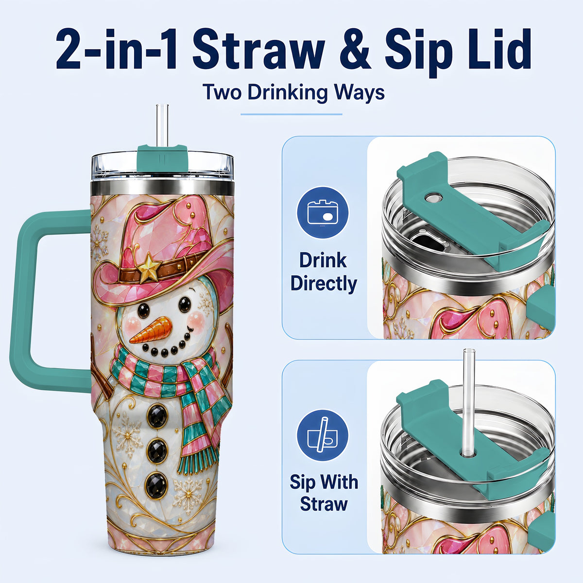 #pl[40oz|Green] Pink Snowman 40oz Tumbler, Winter Floral Stainless Steel Travel Cup