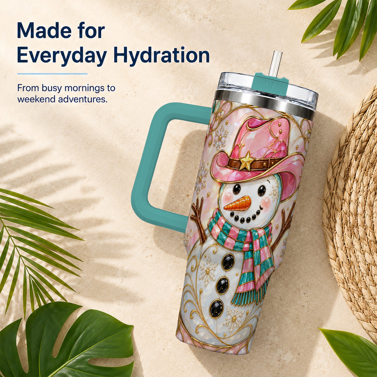 #pl[40oz|Green] Pink Snowman 40oz Tumbler, Winter Floral Stainless Steel Travel Cup