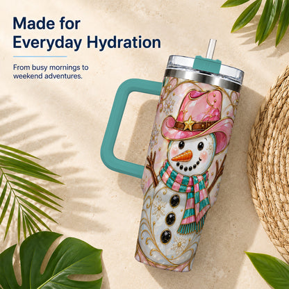#pl[40oz|Green] Pink Snowman 40oz Tumbler, Winter Floral Stainless Steel Travel Cup