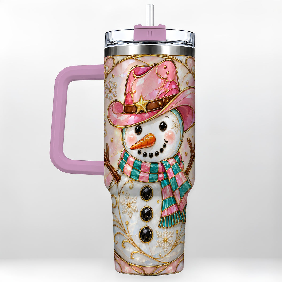 #pl[40oz|Pink] Pink Snowman 40oz Tumbler, Winter Floral Stainless Steel Travel Cup