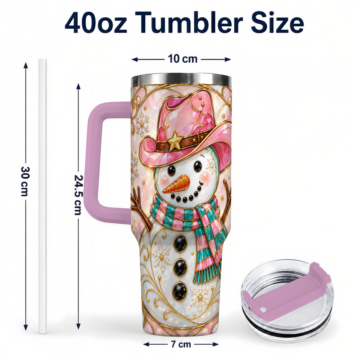 #pl[40oz|Pink] Pink Snowman 40oz Tumbler, Winter Floral Stainless Steel Travel Cup