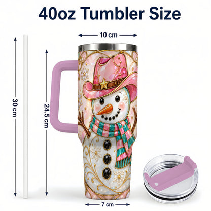 #pl[40oz|Pink] Pink Snowman 40oz Tumbler, Winter Floral Stainless Steel Travel Cup