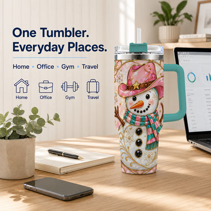 #pl[40oz|Green] Pink Snowman 40oz Tumbler, Winter Floral Stainless Steel Travel Cup