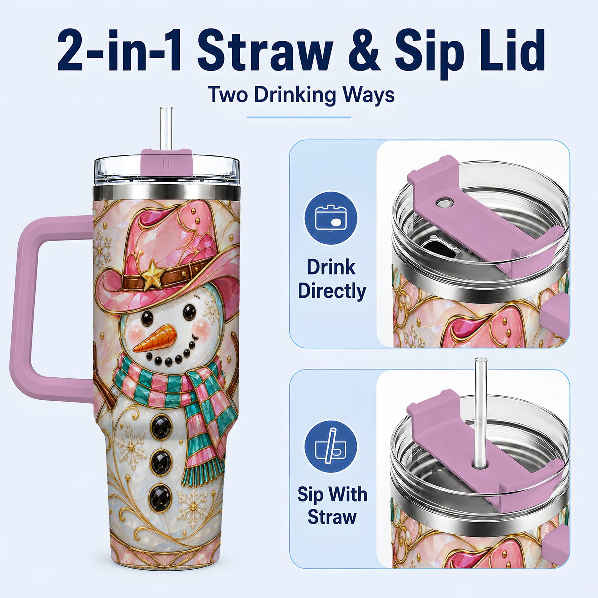 #pl[40oz|Pink] Pink Snowman 40oz Tumbler, Winter Floral Stainless Steel Travel Cup