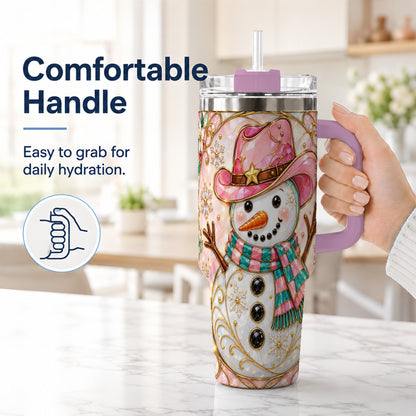 #pl[40oz|Pink] Pink Snowman 40oz Tumbler, Winter Floral Stainless Steel Travel Cup