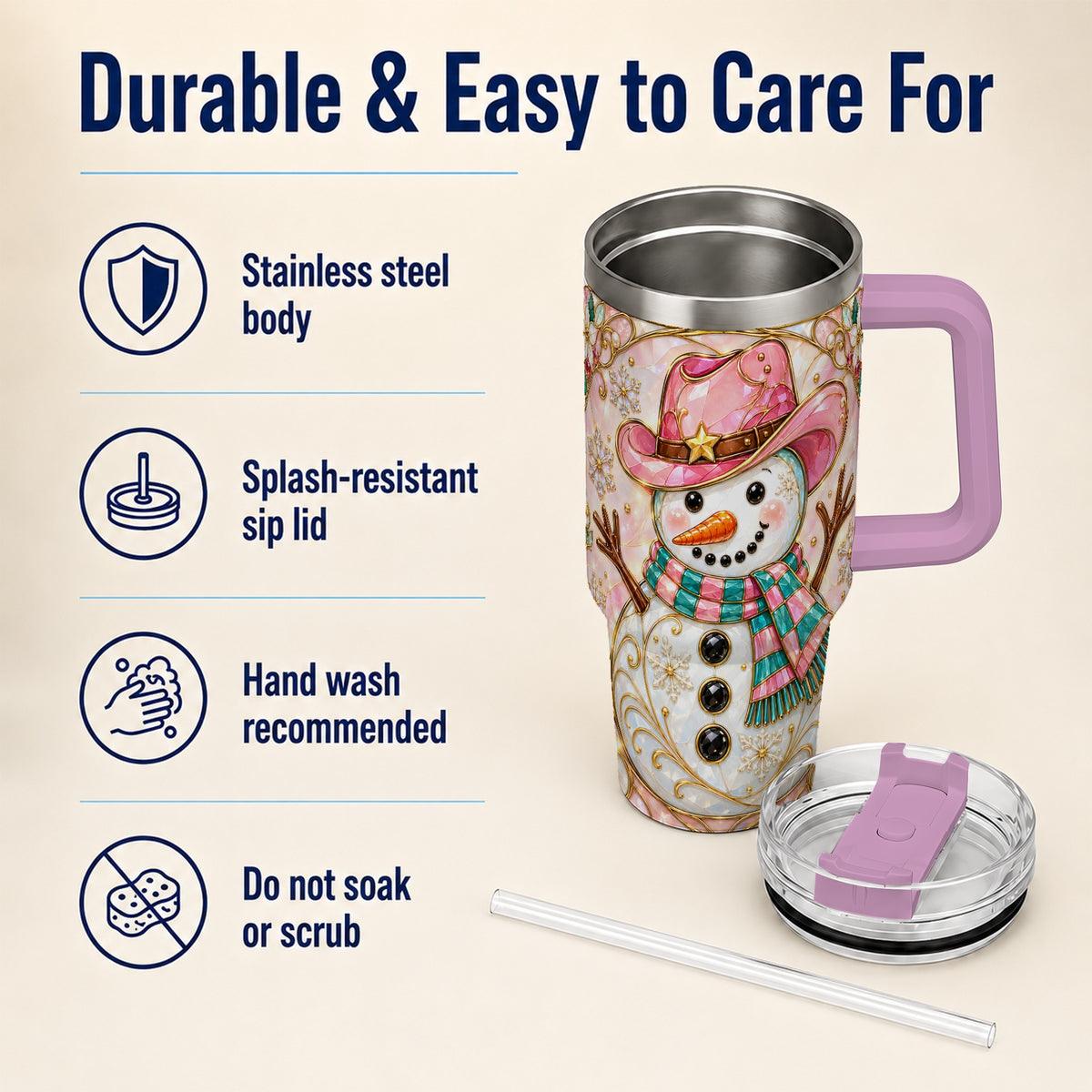 #pl[40oz|Pink] Pink Snowman 40oz Tumbler, Winter Floral Stainless Steel Travel Cup