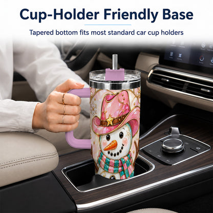 #pl[40oz|Pink] Pink Snowman 40oz Tumbler, Winter Floral Stainless Steel Travel Cup
