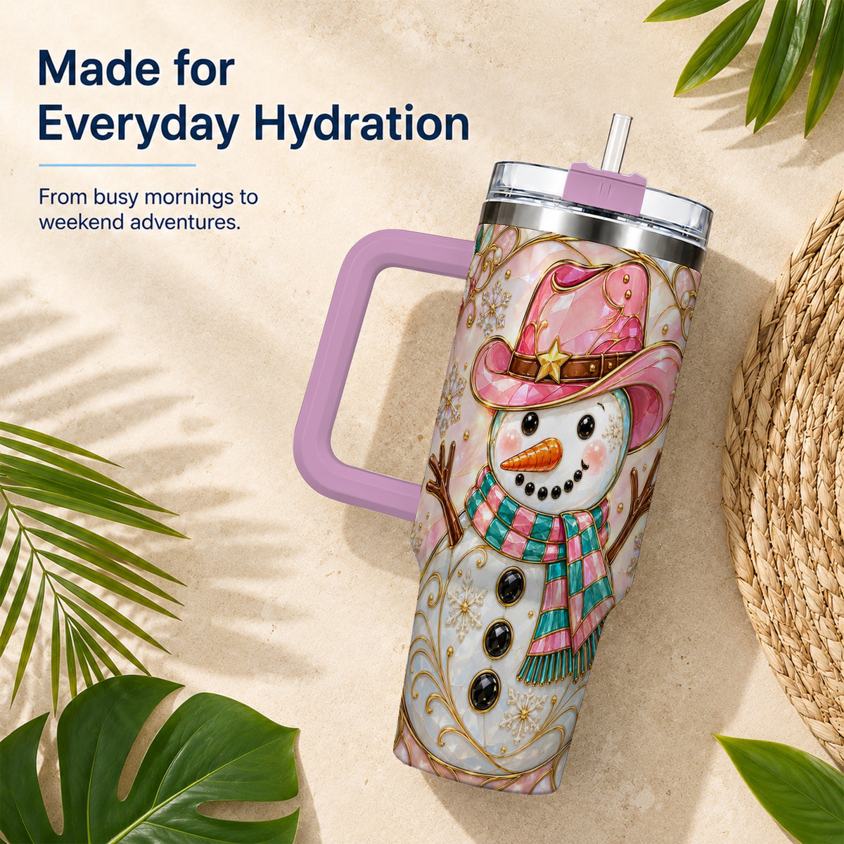 #pl[40oz|Pink] Pink Snowman 40oz Tumbler, Winter Floral Stainless Steel Travel Cup