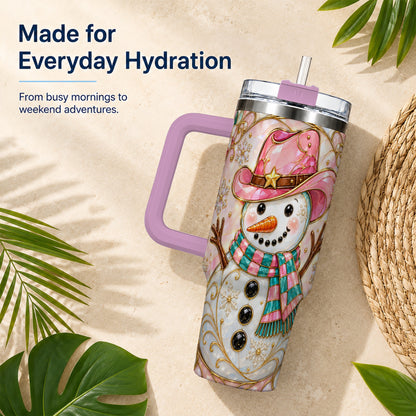 #pl[40oz|Pink] Pink Snowman 40oz Tumbler, Winter Floral Stainless Steel Travel Cup