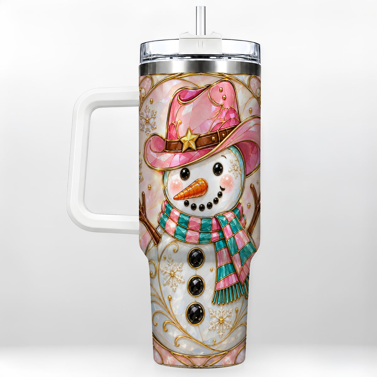 Pink Snowman 40oz Tumbler, Winter Floral Stainless Steel Travel Cup