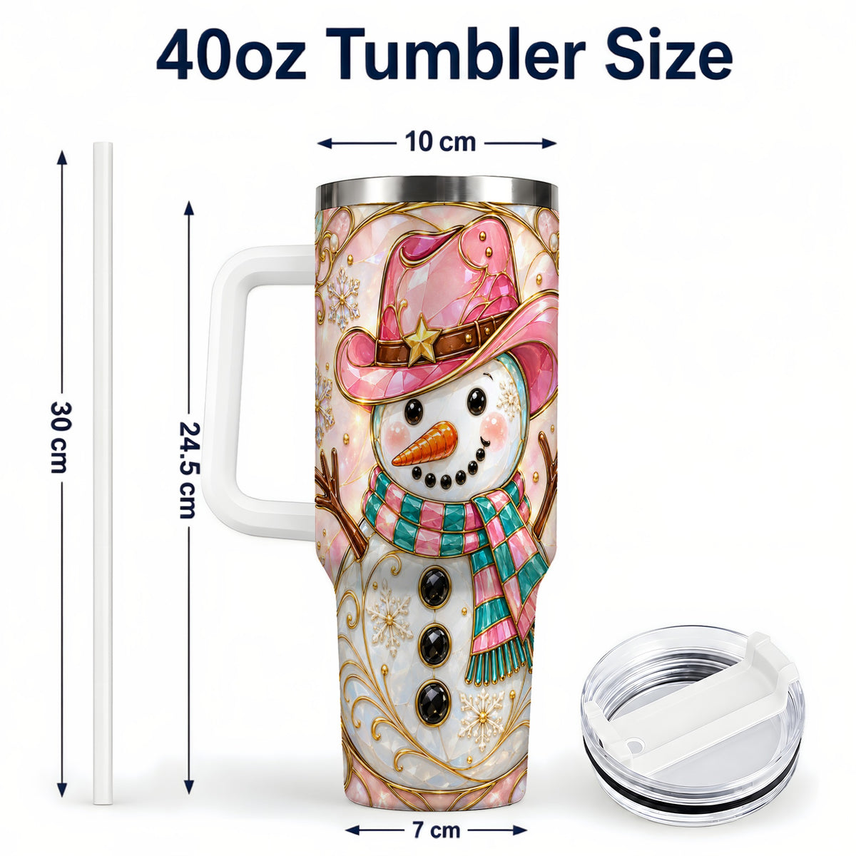 #pl[40oz|White] Pink Snowman 40oz Tumbler, Winter Floral Stainless Steel Travel Cup