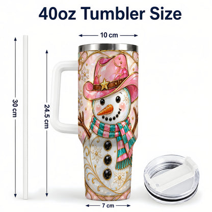 #pl[40oz|White] Pink Snowman 40oz Tumbler, Winter Floral Stainless Steel Travel Cup