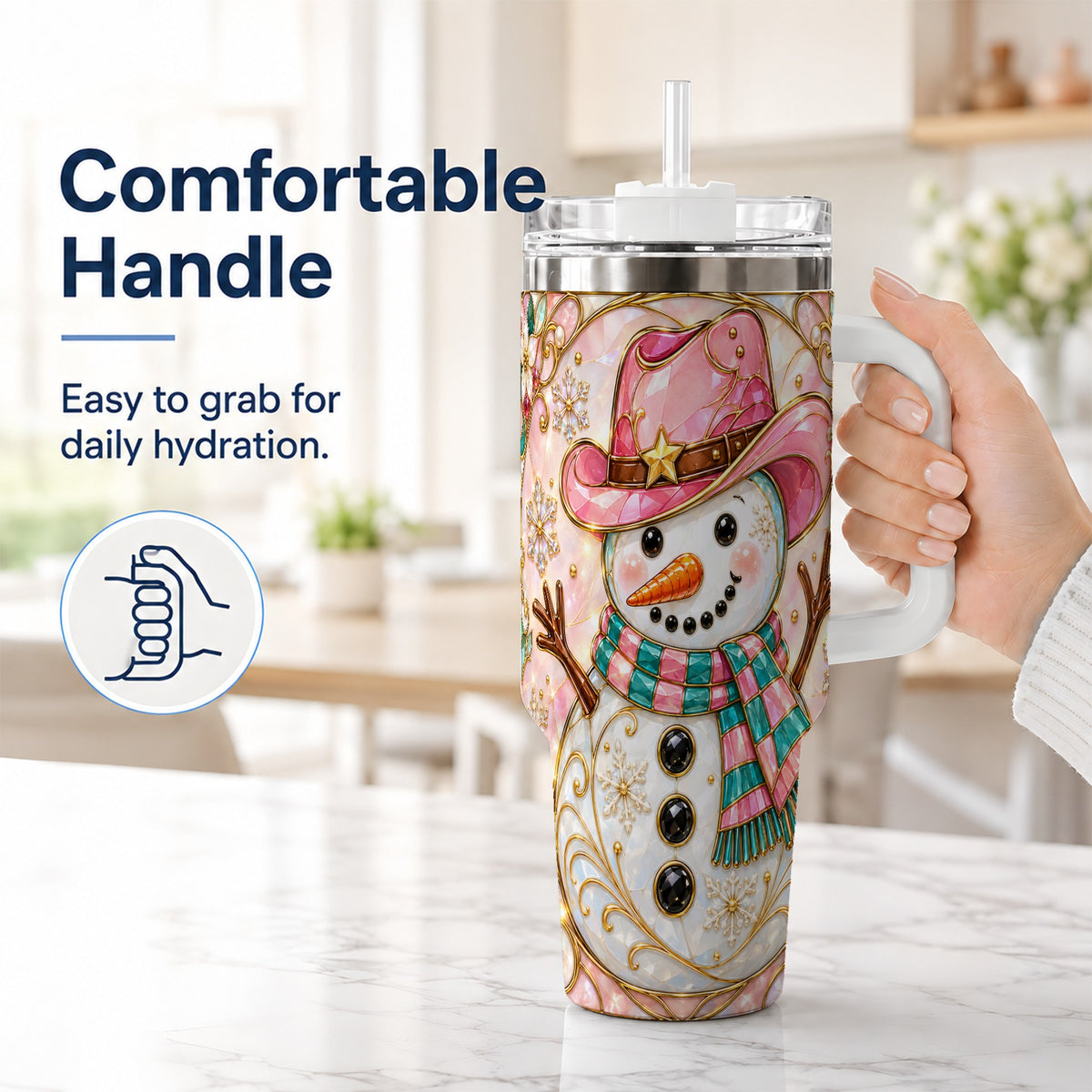 #pl[40oz|White] Pink Snowman 40oz Tumbler, Winter Floral Stainless Steel Travel Cup
