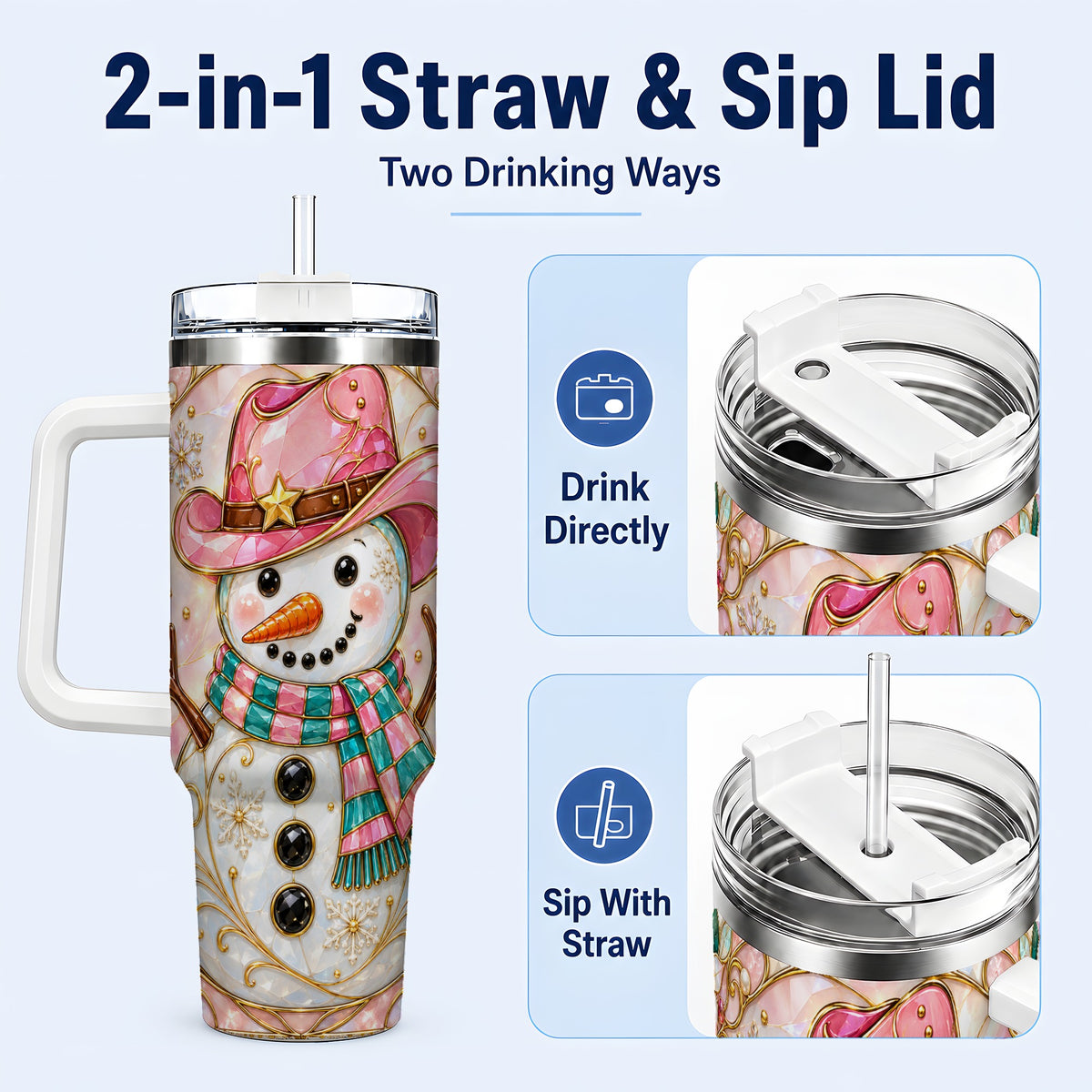 #pl[40oz|White] Pink Snowman 40oz Tumbler, Winter Floral Stainless Steel Travel Cup