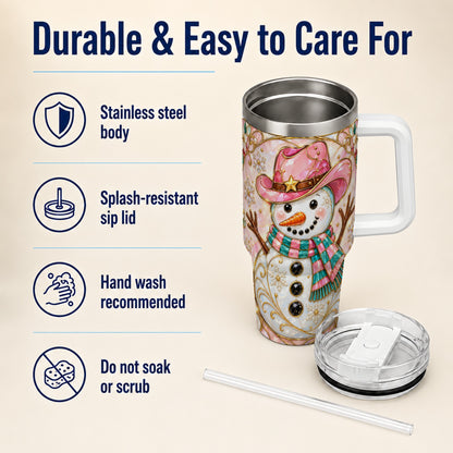 #pl[40oz|White] Pink Snowman 40oz Tumbler, Winter Floral Stainless Steel Travel Cup