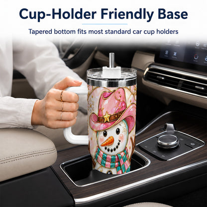 #pl[40oz|White] Pink Snowman 40oz Tumbler, Winter Floral Stainless Steel Travel Cup