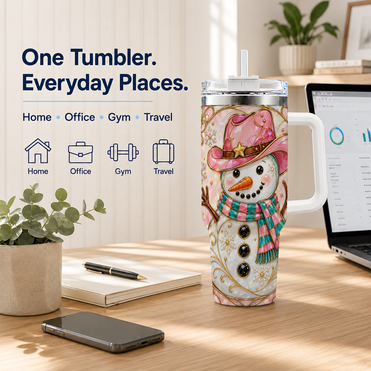 #pl[40oz|White] Pink Snowman 40oz Tumbler, Winter Floral Stainless Steel Travel Cup