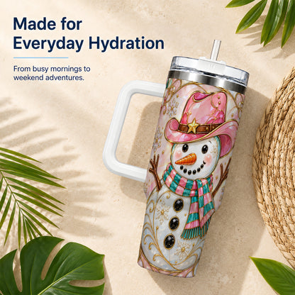 #pl[40oz|White] Pink Snowman 40oz Tumbler, Winter Floral Stainless Steel Travel Cup