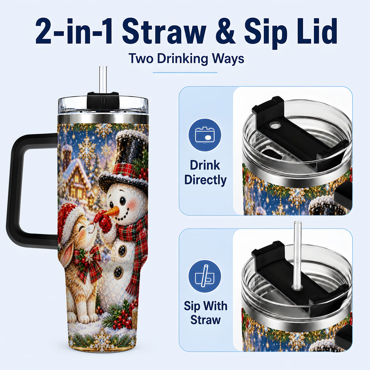 #pl[40oz|Black] Snowman Bunny 40oz Tumbler, Christmas Stainless Steel Travel Cup