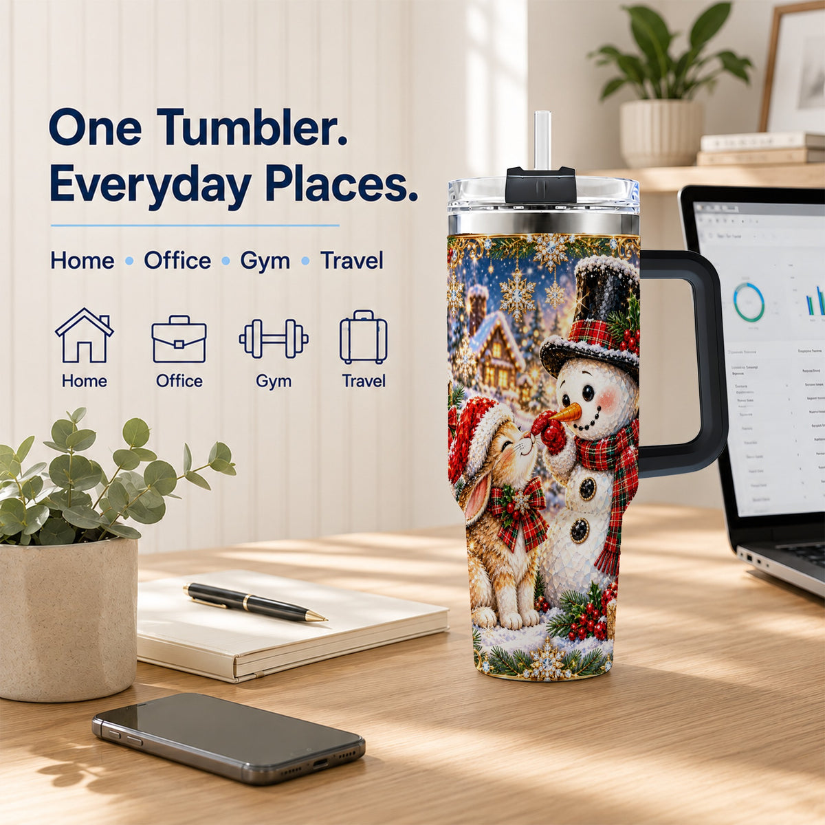 #pl[40oz|Black] Snowman Bunny 40oz Tumbler, Christmas Stainless Steel Travel Cup