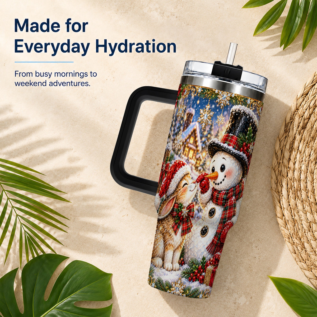 #pl[40oz|Black] Snowman Bunny 40oz Tumbler, Christmas Stainless Steel Travel Cup