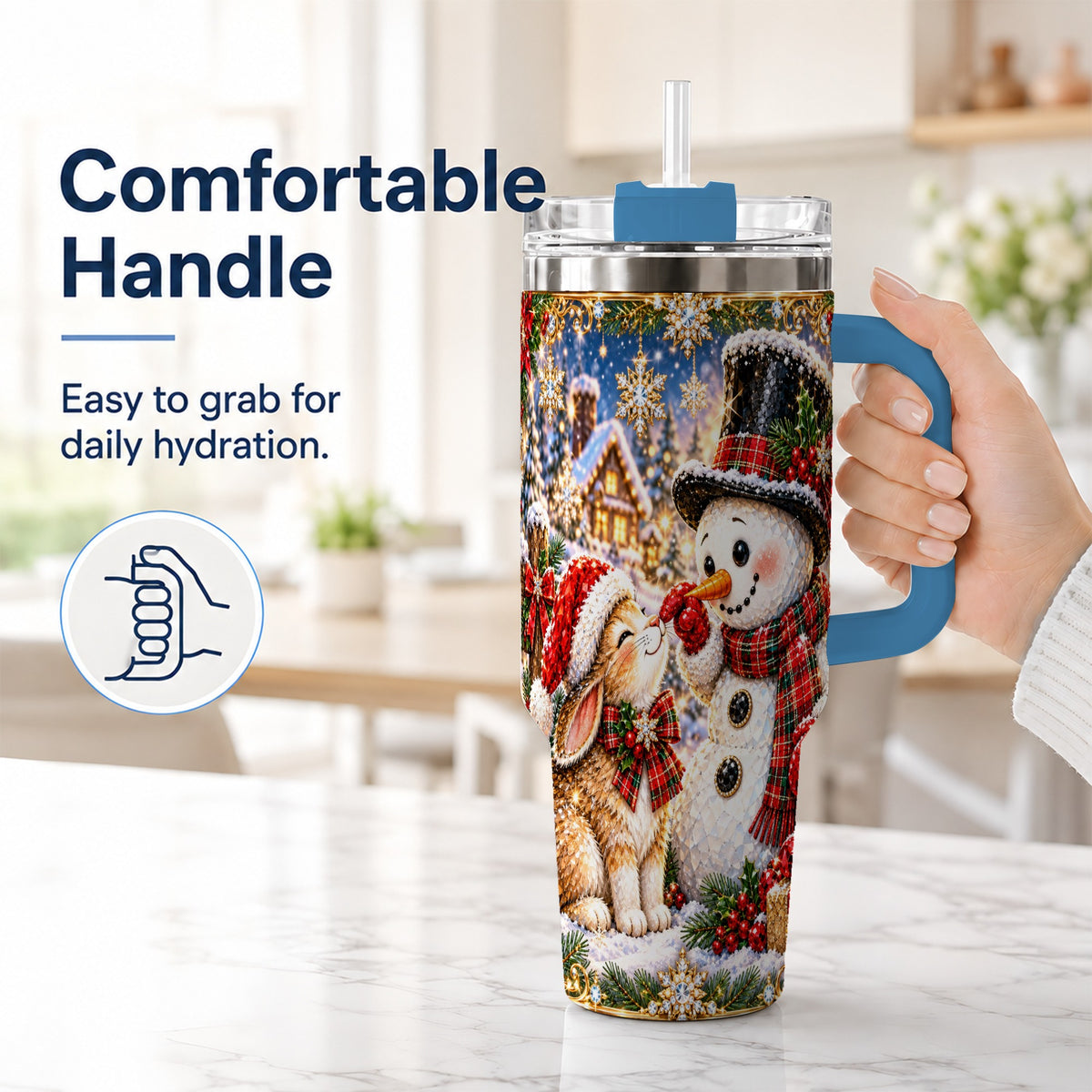 #pl[40oz|Blue] Snowman Bunny 40oz Tumbler, Christmas Stainless Steel Travel Cup