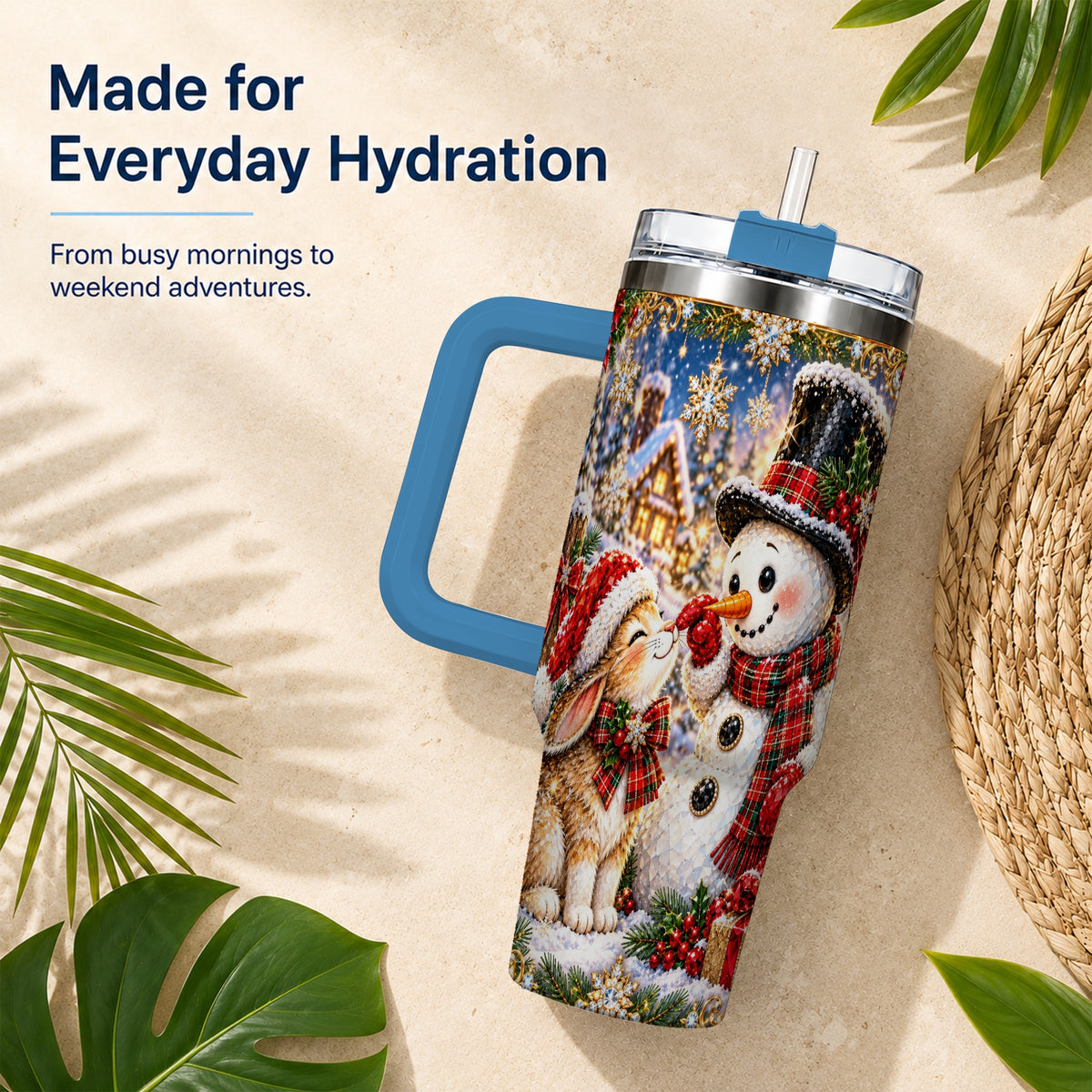 #pl[40oz|Blue] Snowman Bunny 40oz Tumbler, Christmas Stainless Steel Travel Cup